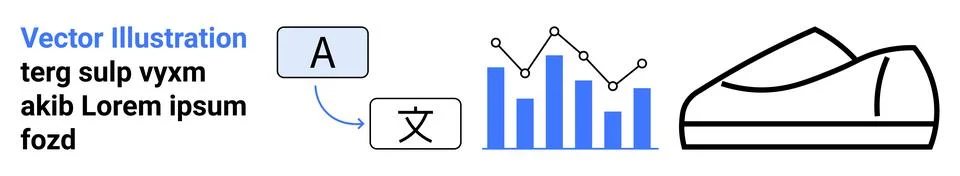Graph with data points, shoe outline, text in different languages, and transl Illustrazione stock