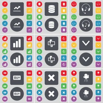 Graph, Database, Headphones, Diagram, Mailbox, Arrow down, Buy, Stop, Film camer Stock Illustration