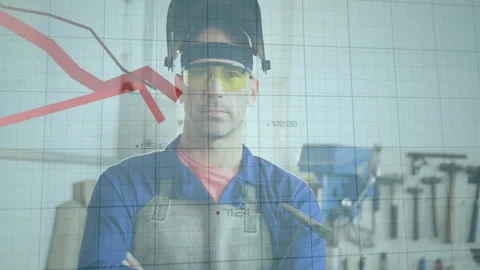 Graph with declining trend animation over factory worker wearing safety gear Stock Footage 303878263