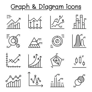 Graph, Diagram &amp; chart icons set in thin line style Illustrazione stock