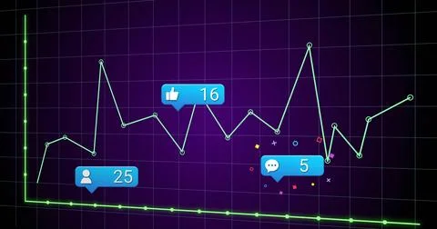 Graph displaying jagged cyan line with markers on purple grid, with axes, 스톡 일러스트