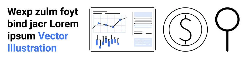 Graph elements, dollar sign, magnifying glass, and text. Ideal for financial  Stock Illustration