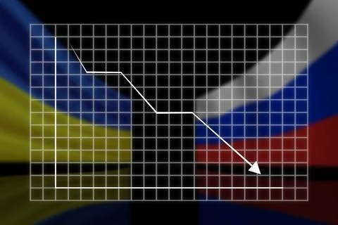 Graph of the fall against the background of the flags of Ukraine and Russia . Stock Illustration