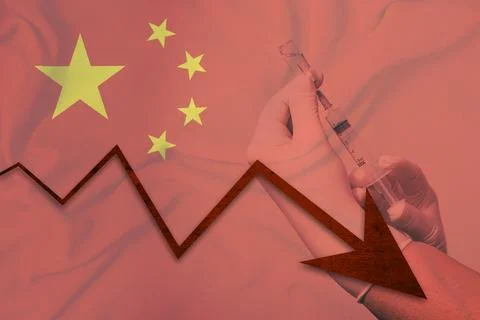 Graph with falling big arrow with official china flag and hands holding vacci Stock Photos