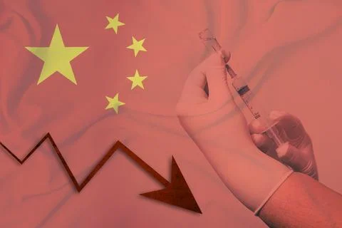 Graph with falling small arrow with official china flag and hands holding vac Stock Photos
