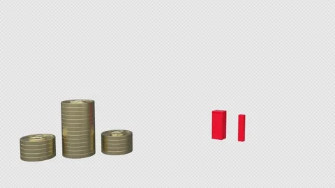 A graph featuring a red arrow pointing upward alongside stacks of gold coin.. Stock Footage 302993332