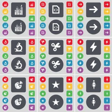 Graph, File, Arrow right, Microscope, Scissors, Flash, Pizza, Star, Silhouette i Illustrazione stock