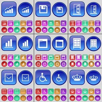 Graph, Floppy disk, Archive, Arrow down, Disabled person, Crown. A large set of Stock Illustration