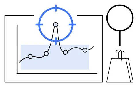 Graph with fluctuating data points, a target symbol, a magnifying glass, and  Illustrazione stock