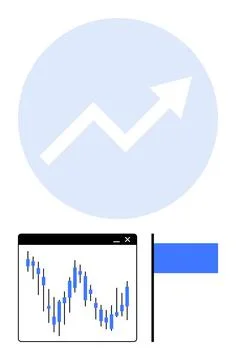 Graph with fluctuating data, upward white arrow in blue circle, and blue flag Illustrazione stock