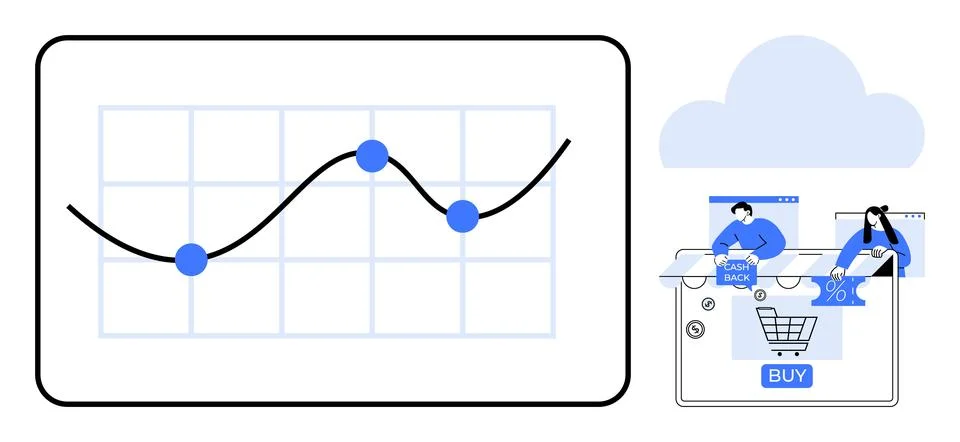 Graph with fluctuating line and data points beside e-commerce icons including Illustrazione stock