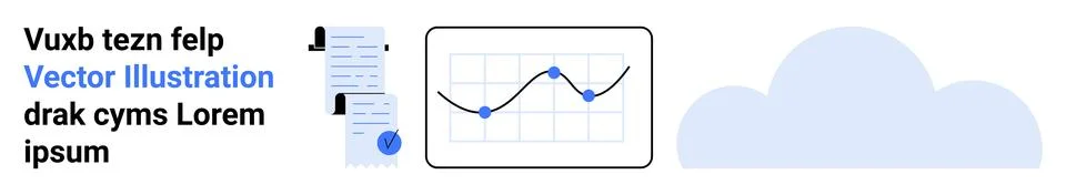 Graph with fluctuating line data, documents with texts and icons, and a blue  Illustrazione stock
