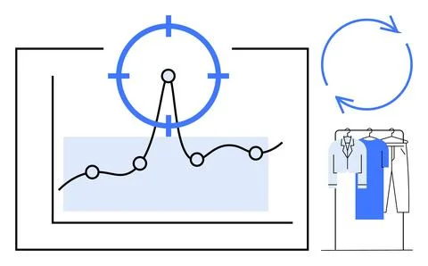 Graph with focus icon over data points, clothing rack showing garments, and c Ilustração Stock