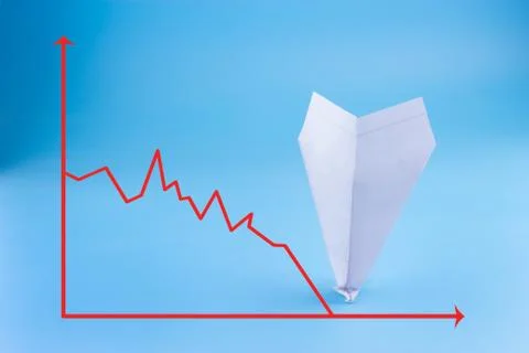 Graph going down behind the plane crash Foto stock