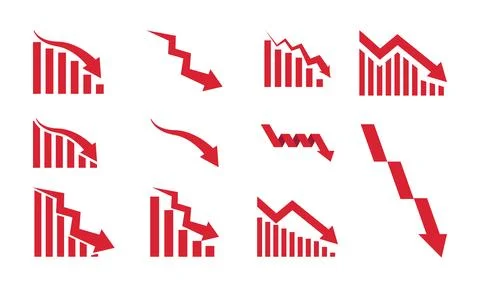 Graph going down sign with red arrows vector. Bar chart symbol icon with ar.. Ilustración de archivo