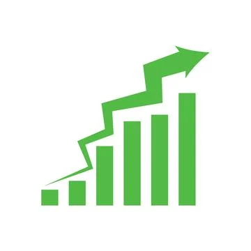 Graph going up sign with green arrows. Bar chart symbol icon with arrow mov.. Ilustración de archivo