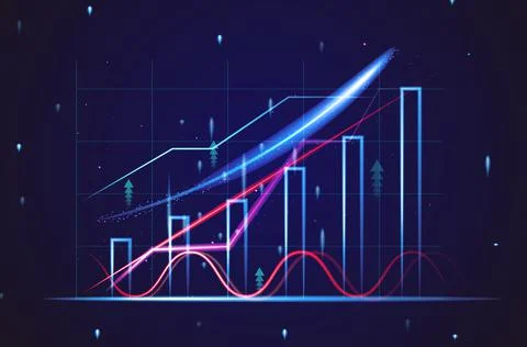 Graph with growing indicators and high growth dynamics on a blue background.  Stock Photos