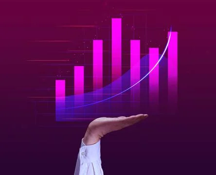 A graph with growing indicators and a man s hand on a pink background. Pro... Stock Photos