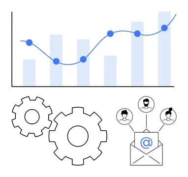 Graph growth chart, gears, and email communication for optimization and tea.. Stock Illustration