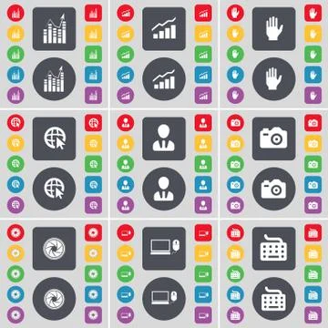 Graph, Hand, Web cursor, Avatar, Camera, Lens, Laptop, Keyboard icon symbol. A l Illustrazione stock