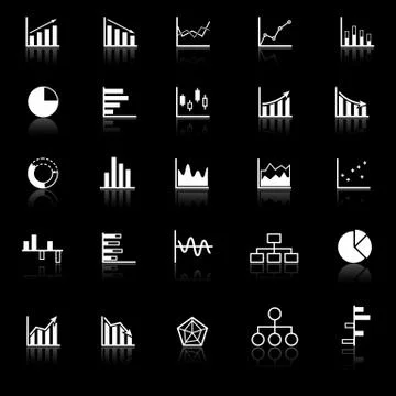 Graph icons with reflect on black background Stock Illustration
