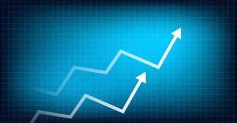 Graph with jagged upward arrows trend on blue grid background symbolizing Stock Illustration
