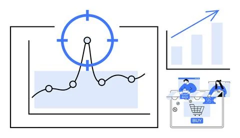 Graph with line chart and target, increasing bar chart, and e-commerce interf Stock Illustration
