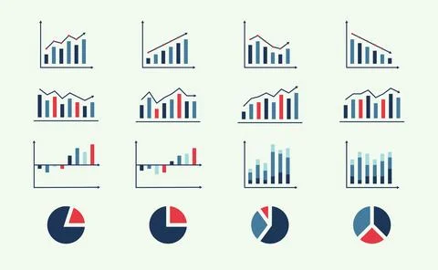 Graph of line, column, stack and pie infographic charts set Stock Illustration