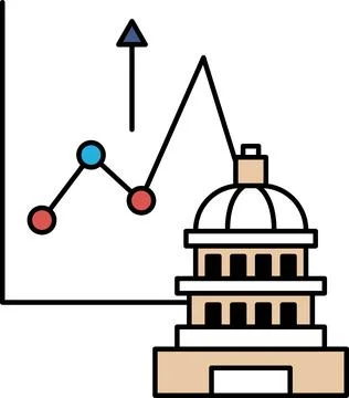 A graph with a line going up and a building in the background Ilustración de archivo