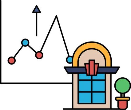 A graph with a line going up and a building with a clock on it Stock Illustration