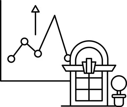 A graph with a line going up and a building with a clock on it Stock Illustration