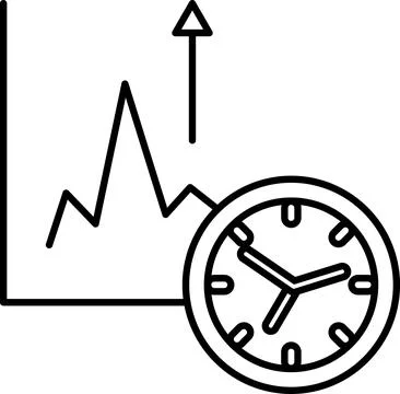 A graph with a line going up and a clock with the hands on the numbers 3 and  Stock Illustration