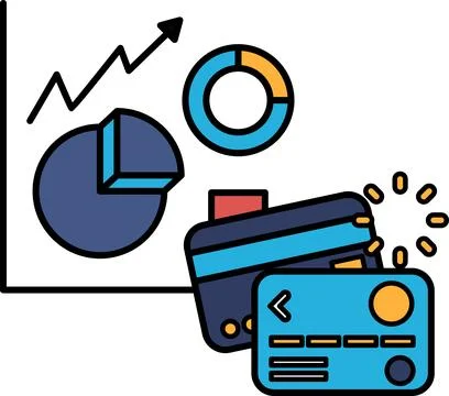 A graph with a line going up and a pie chart with a blue circle and a red arr Stock Illustration