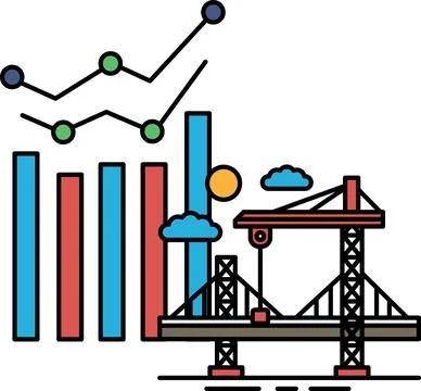A graph with a line going down and a bridge in the background Stock Illustration