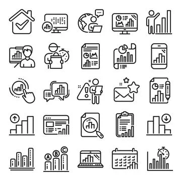 Graph line icons. Set of Chart presentation, Report and Increase growth graph Stock Illustration