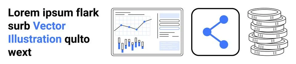 Graph with lines and bars, data connections symbol, and stack of coins. Ideal Stock Illustration