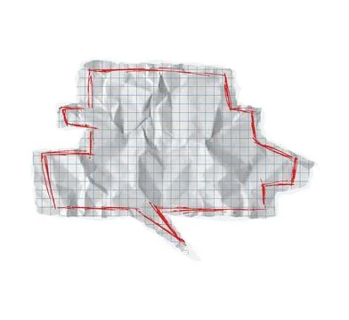 Graph paper speech bubble with crumpled torn math notebook background. White Illustrazione stock