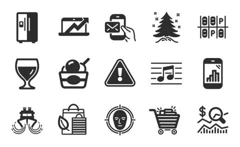 Graph phone, Face detect and Check investment icons set. Christmas tree, Ice Illustrazione stock