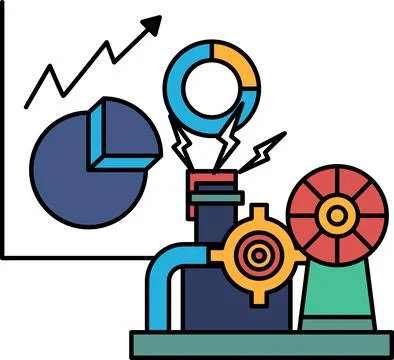A graph with a pie chart and a circle with a lightning bolt in the middle Stock Illustration