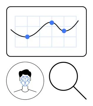 Graph with points over a grid, head with facial recognition mesh pattern, and 스톡 일러스트