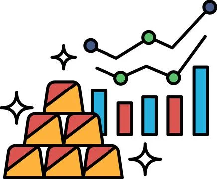 A graph with a red line and a blue line is shown next to a pile of gold bars Stock Illustration
