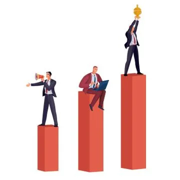 Graph of red pillars on which are men with a cup, with a shout, and a man with a Stock Illustration
