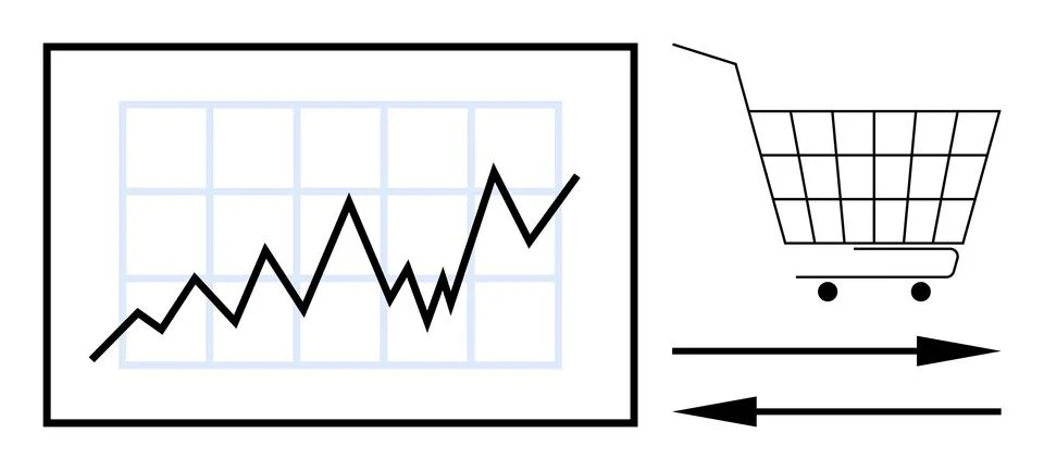 A graph with rising data points represents economic growth beside it, a shopp Stock Illustration