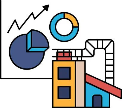 A graph with a rising line and a pie chart with a circle and a triangle Stock Illustration