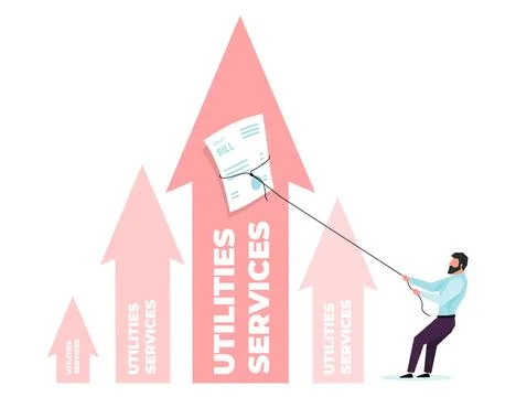 A graph of rising prices for utilities in the form of four pink arrows with a Stock Illustration