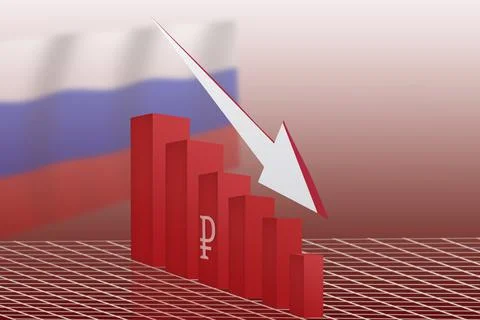 Graph of the ruble's fall against the background of the Russian flag. Stock Illustration