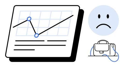 Graph screen with downward trendline, two data points, grid lines, sad face,  Stock Illustration