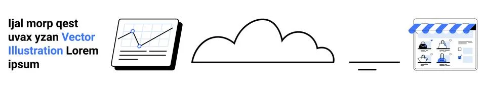 Graph showing data trends, cloud icon, and digital storefront suggest combine Illustrazione stock