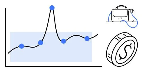 Graph showing fluctuating data points, a stylized coin, and a briefcase. Idea Illustrazione stock