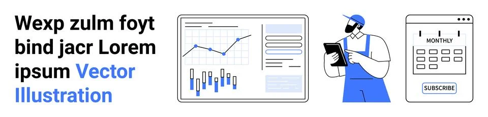 Graph with statistical data and a tablet-wielding person in blue overalls. Ca Stock Illustration